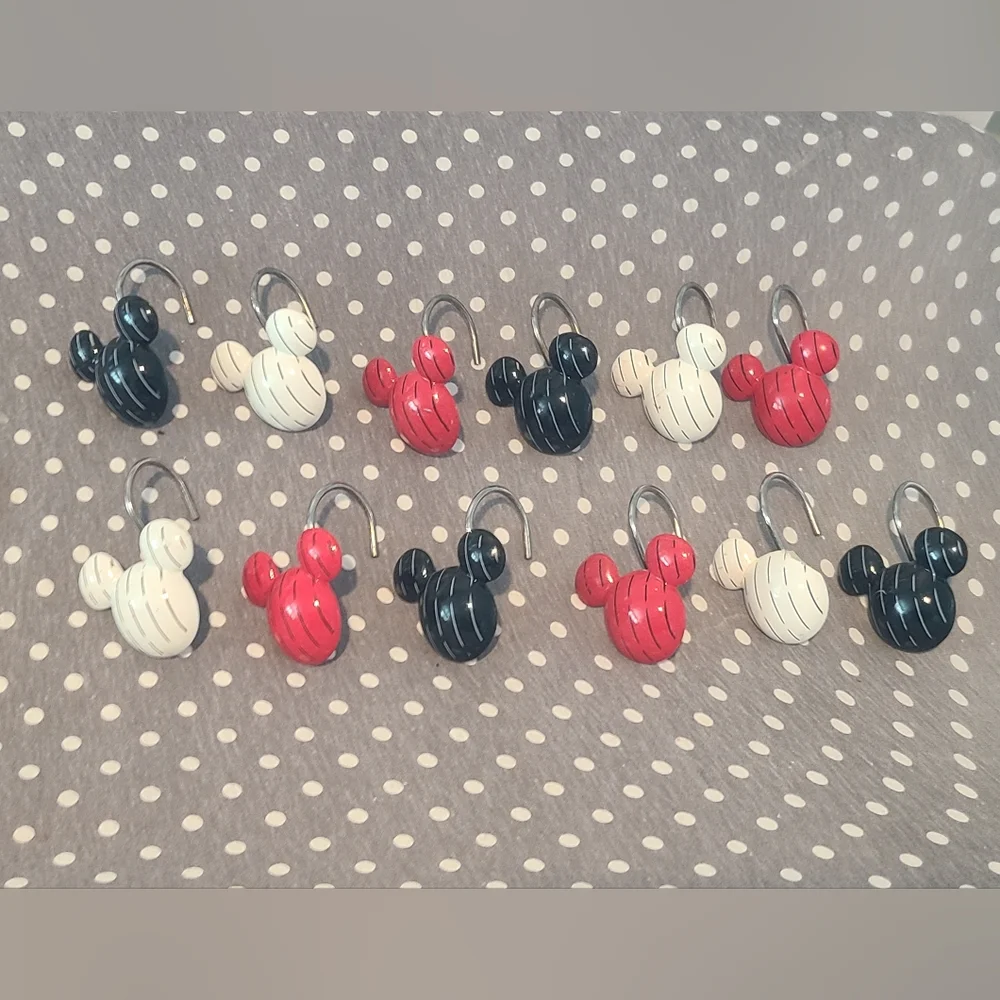 Mickey Mouse Ears Shower Curtain Hooks Stripe Colors Red, Black, White set of 12